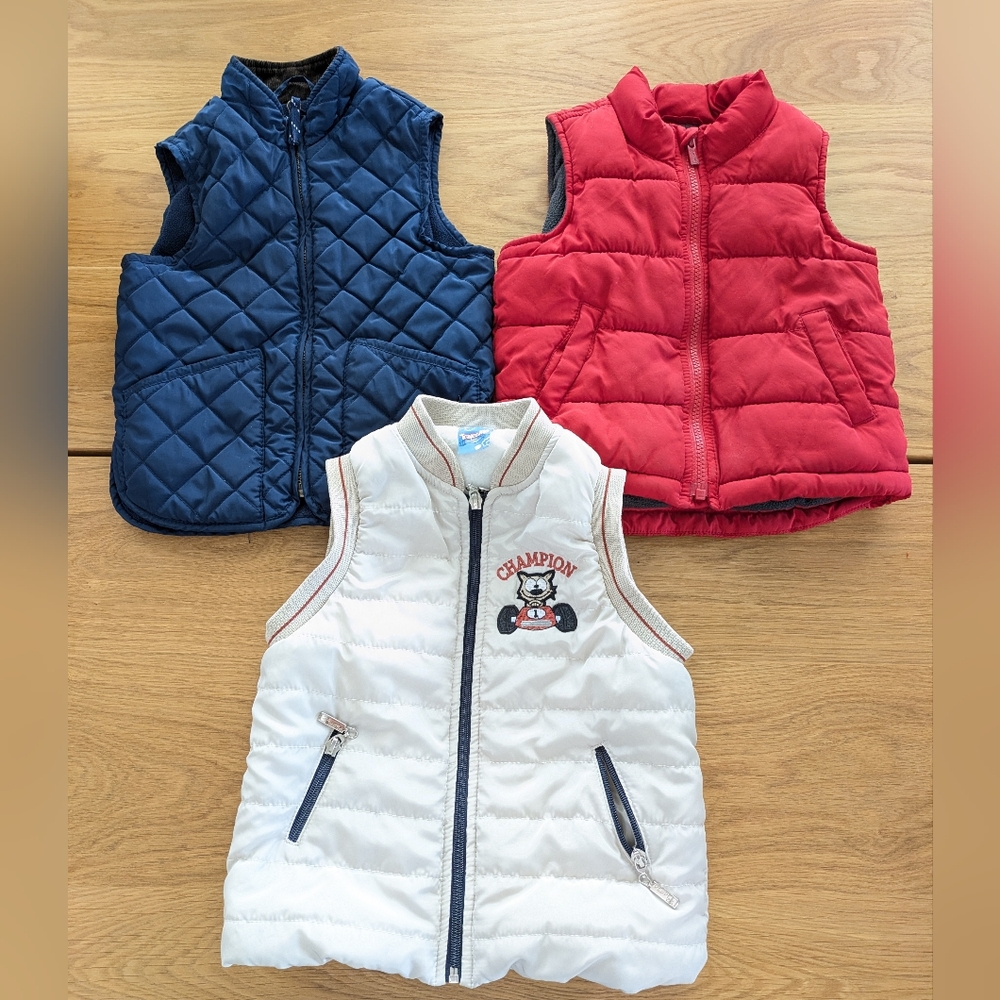 Set Of 3 Quilted Kids' Vests - Blue, Red, and White